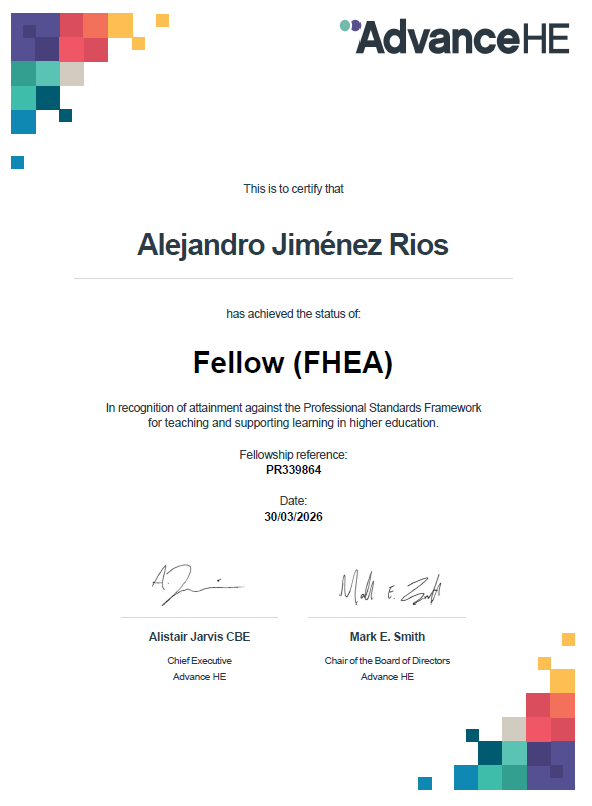 Dr. Alejandro Jiménez Rios FHEA Certificate