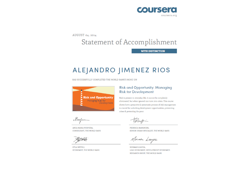 Dr. Alejandro Jiménez Rios Risk and Opportunity Certificate