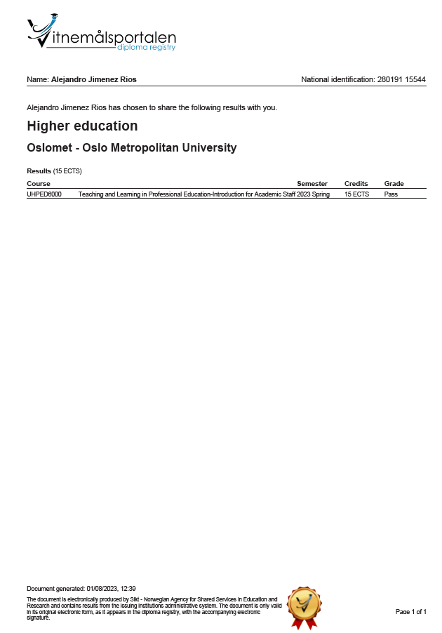 Dr. Alejandro Jiménez Rios UHPED Certificate